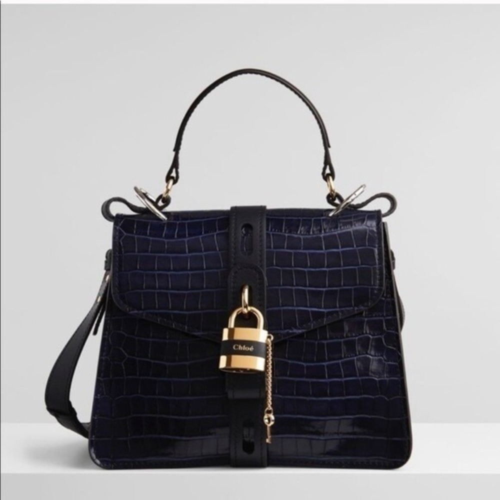 Chloe Aby Day Bag Navy Blue Croc Embossed Leather Top Handle Satchel Medium - Picture 1 of 8
